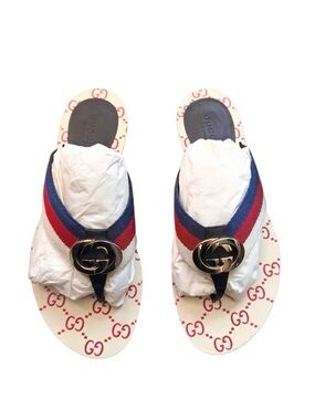 Gucci Blue & Red Web Leather Thong Sandals with Gold Double-G